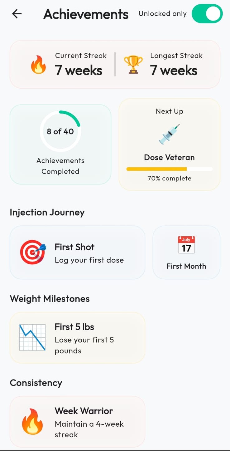 Pepti achievements screen displaying unlocked milestones for dose streaks and weight loss goals